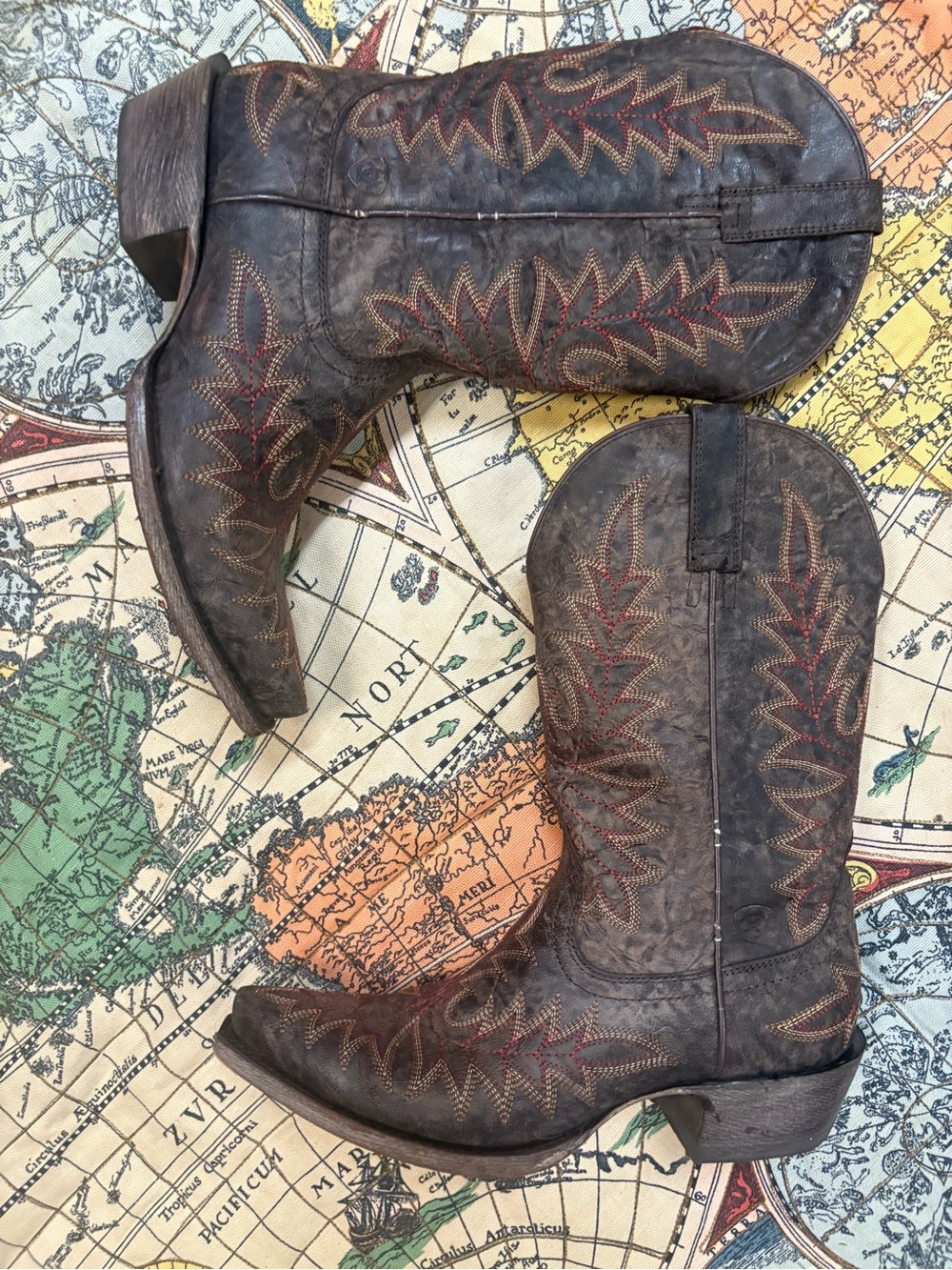 Ariat Brown Distressed Leather Cowboy Boots with Red Stitching